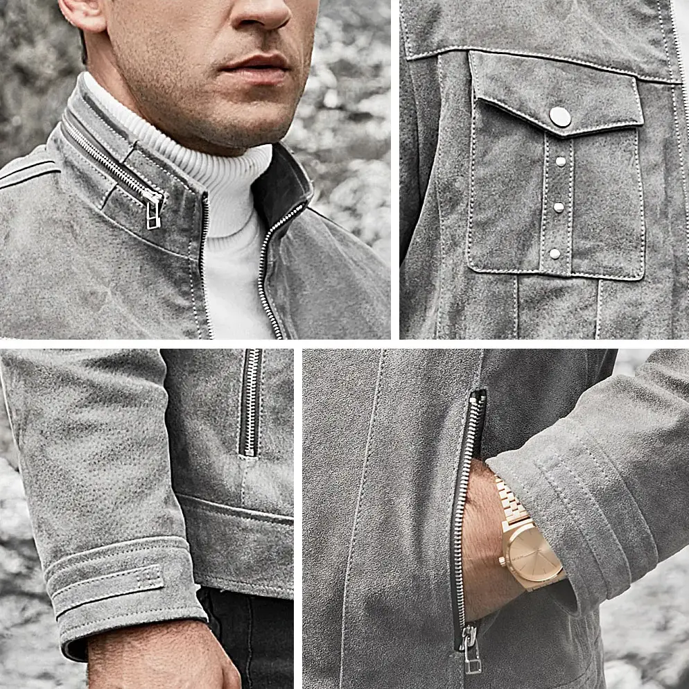 Détails du blouson cuir gris : col motard, poches à rabat avec rivets, manches et fermetures éclair. Aspect daim et finition soignée de la veste.