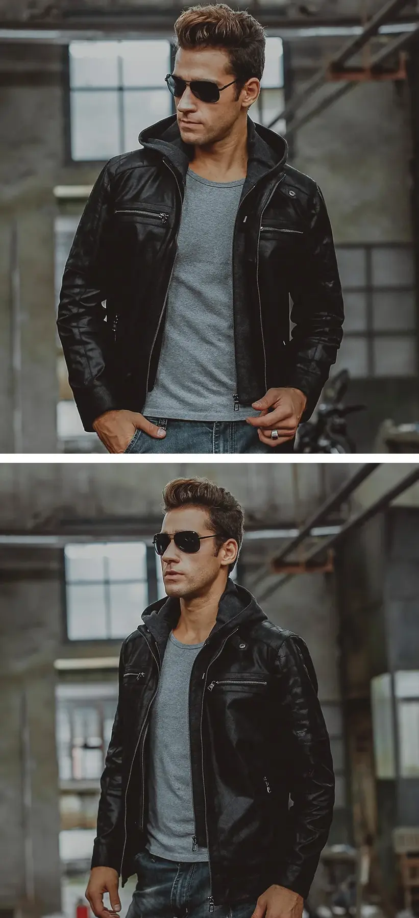 Homme portant une veste en cuir zippée noire, look décontracté avec lunettes de soleil, parfaite pour le streetwear.