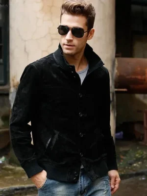 blouson cuir homme chic col montant daim