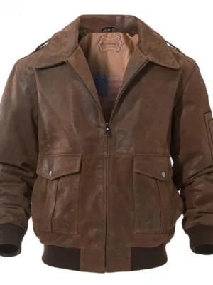 Blouson cuir vieilli homme marron, style aviateur avec poches frontales, vêtement cuir résistant.