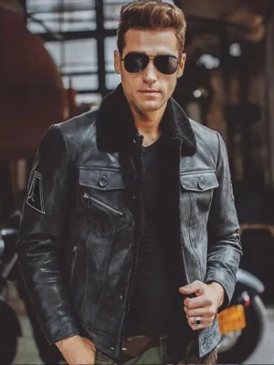 Veste pilote homme en peau lainée et cuir souple pour l'hiver