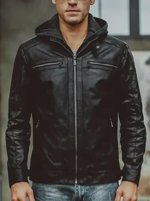 Veste en cuir streetwear zippé homme noire avec capuche amovible, style urbain moderne.