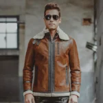 Manteau bombardier homme en cuir marron, coupe classique et indémodable, idéal pour le froid.