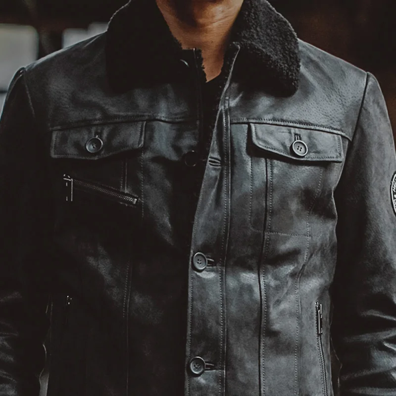Veste en cuir noir homme avec doublure chaude et détails zippés