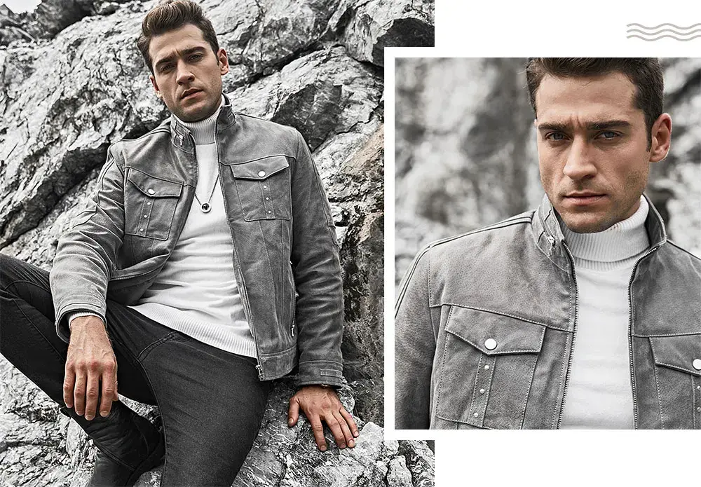 Image double : un homme assis en blouson gris style motard et un gros plan sur son visage, mettant en valeur le design de la veste en cuir pour homme.