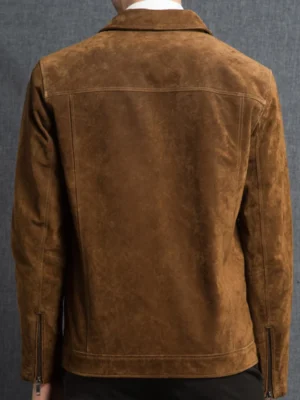 Blouson homme aspect velours marron, vue de dos, avec fermetures éclair aux poignets pour un look tendance.