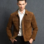 Blouson cuir homme marron, col chemise, style classique indémodable, parfait pour un look chic.