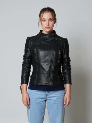blouson cuir court femme col motard