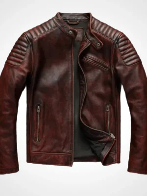 Veste en cuir marron vieilli pour homme, présentée à plat, avec des détails zippés et un col montant, idéal pour toutes les saisons.