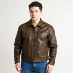 veste en cuir veritable homme marron, blouson cuir élégant pour homme, coupe classique et finition soignée, idéal pour un look intemporel.