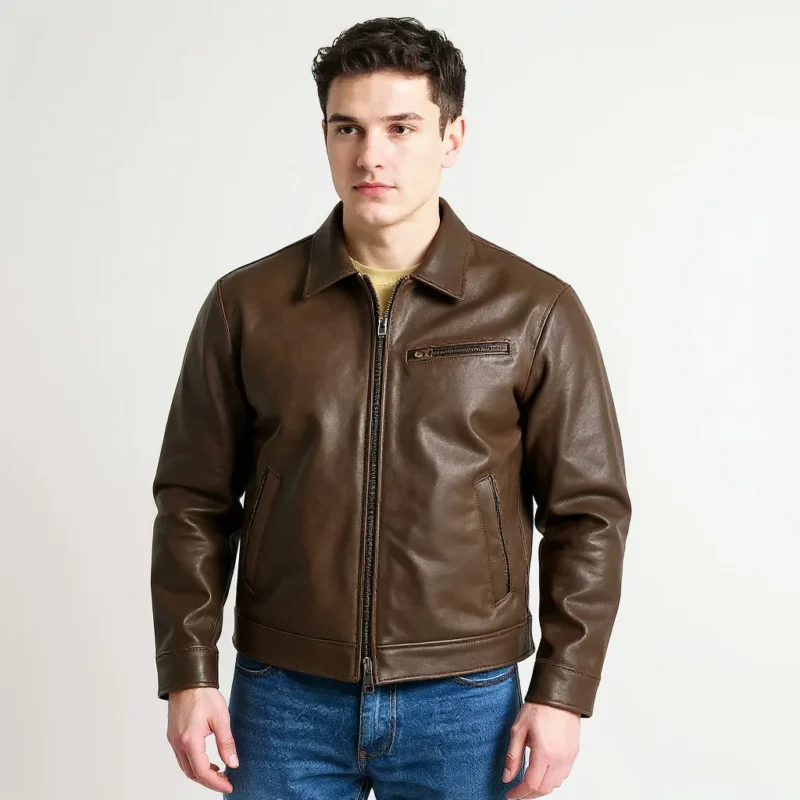 veste en cuir veritable homme marron, blouson cuir élégant pour homme, coupe classique et finition soignée, idéal pour un look intemporel.