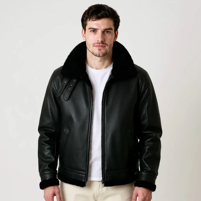Homme portant un magnifique bombardier peau lainée homme noir, style aviateur classique avec col en fourrure.