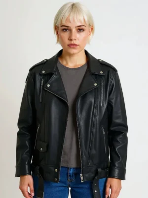 Perfecto femme oversize noir en cuir, modèle élégant et moderne pour un look tendance.