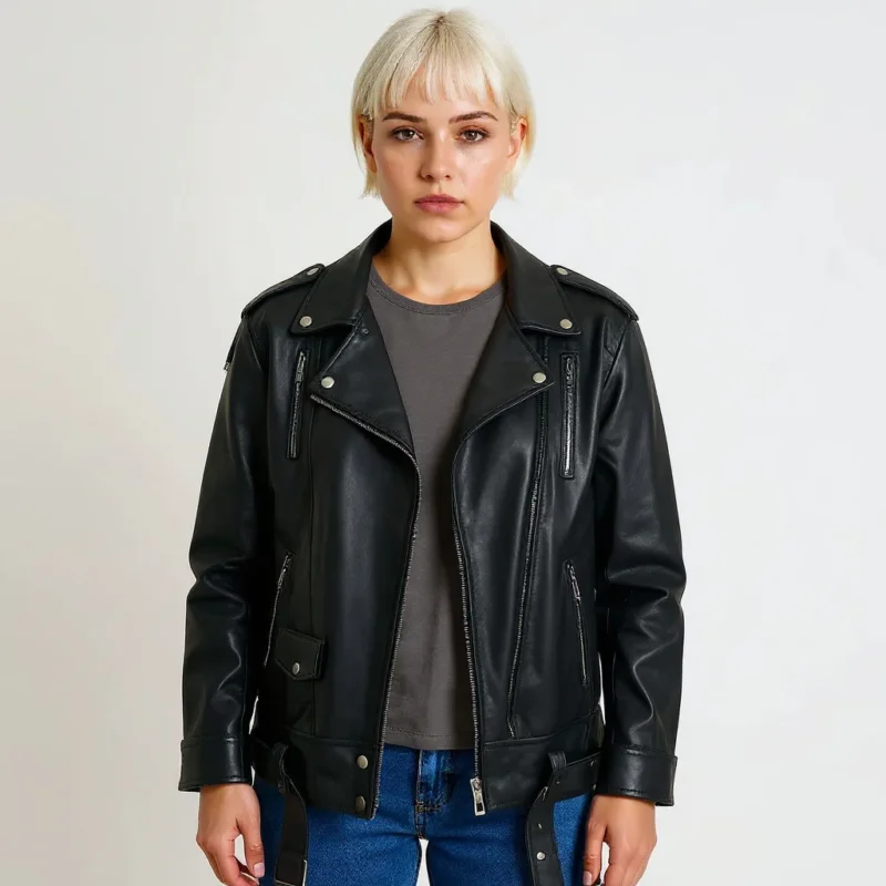 Perfecto femme oversize noir en cuir, modèle élégant et moderne pour un look tendance.