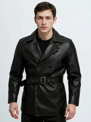 Homme portant un élégant manteau long cuir homme trench noir, parfait pour un style sophistiqué.