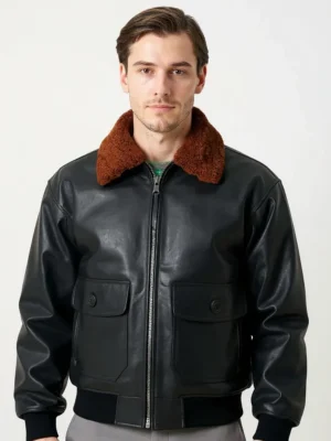 Blouson cuir pilote homme noir avec col fourrure marron amovible, style aviateur vintage.