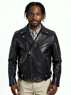 Homme élégant portant un perfecto noir cuir lisse homme, veste en cuir de style motard, coupe ajustée.