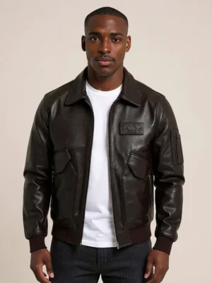 Blouson cuir homme marron, style aviateur, veste en cuir chaud et résistant