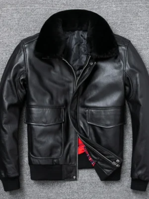 Blouson bombardier homme en cuir noir de qualité supérieure avec poches fonctionnelles et fermeture éclair robuste.