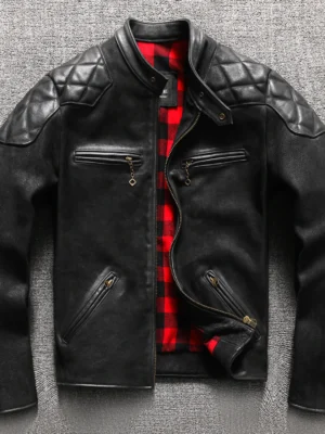 Blouson cuir noir pour homme, ouvert, affichant sa doublure à carreaux rouges et noirs, parfait pour les vestes motard.