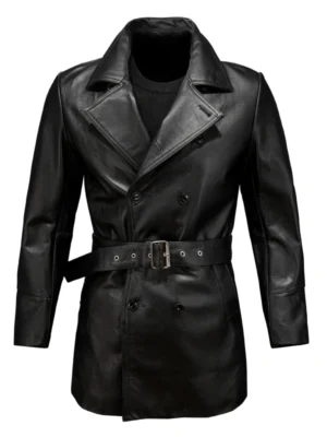 Vue de face d'un manteau trench noir en cuir véritable pour homme, idéal pour la mode masculine.