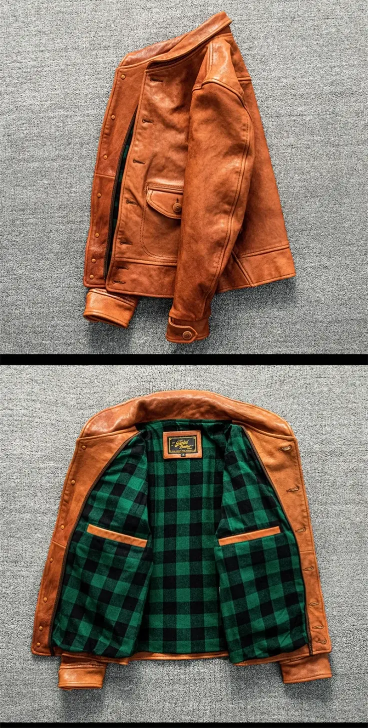Veste en cuir véritable marron pour homme, vue de côté, design élégant et blouson court, style vintage.