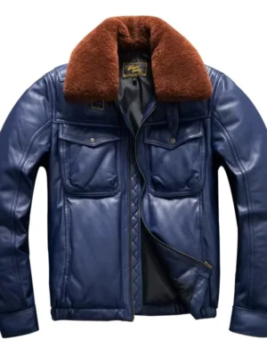 Blouson en cuir véritable bleu pour homme, style aviateur avec col amovible en fourrure, idéal pour la mode masculine urbaine.